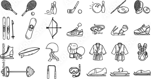 Sports Equipment Line Art Icons Set. Black and White Outline Collection of Athletic Gear for Recreation and Fitness