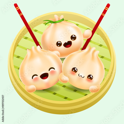 Asian food. Cute cartoon dim sum in wooden box with chopstick. traditional Chinese dumplings with funny smiling faces. vector cartoon illustration