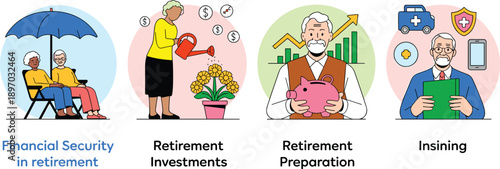 Retirement planning investments and financial security for seniors concept illustration depicting savings preparation and healthcare insurance insuring for financial freedom in retirement years for re