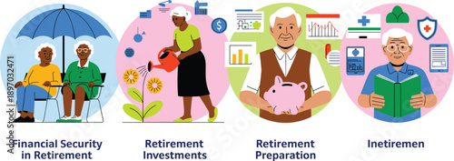 Retirement Planning Illustration Concept with Elderly People Investing and Enjoying Financial Security Growing Savings for Future Pension Funds Senior Citizens Retirement Preparation for Insurance Fin