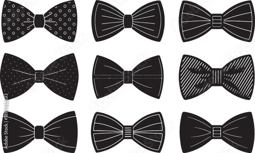 Nine distinct black bow tie designs showcasing different textures and patterns