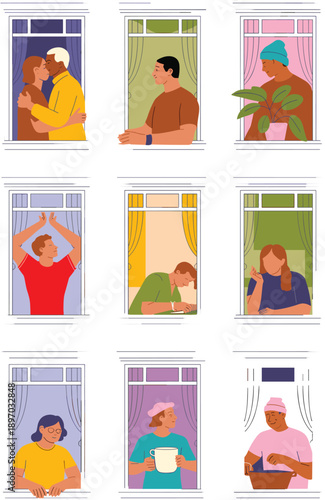Diverse people in apartment building windows enjoying lifestyles activities neighbors in residential building expressing emotions love and friendship community living concept for real estate advertisi