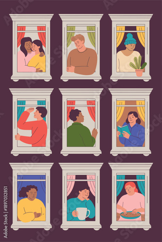 Diverse people in apartment windows staying home during quarantine lockdown lifestyle illustration of neighbors in building during pandemic social distancing community support concept for healthcare a