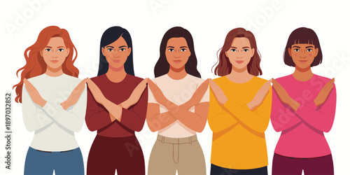 Diverse women crossing arms symbolizing protest against violence gender inequality discrimination multicultural group of females activists demonstrating for human rights empowerment in social justice