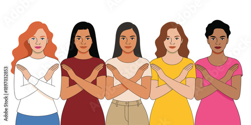 Diverse women crossing arms in solidarity for gender equality and empowerment standing together against violence harassment discrimination in workplace social justice human rights movement vector illu