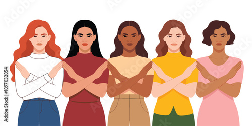 Diverse women crossing arms in protest against violence discrimination sexual harassment female empowerment unity feminism support multiracial group standing together for equality women's rights socia