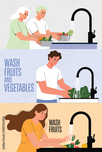 Washing fresh produce fruits and vegetables in kitchen sink with running water healthy lifestyle preparation for cooking homemade meal senior couple young adult woman hygiene and food safety concept f