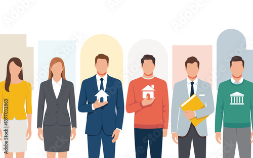 Diverse group of people holding house and bank symbols in a row real estate agents financial advisors community members representing home ownership investments banking services modern vector illustrat