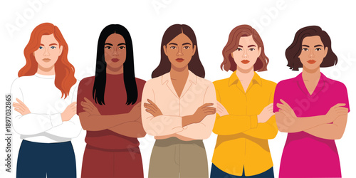 Diverse confident women standing together with arms crossed in solidarity for female empowerment and gender equality in business and leadership roles as a symbol of strength and unity for marketing ca