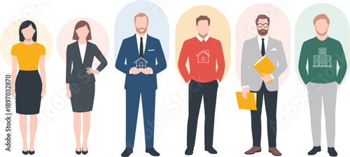 Diverse team of real estate professionals standing confidently ready to assist clients with buying selling and investing in property modern vector illustration for real estate marketing advertising pr