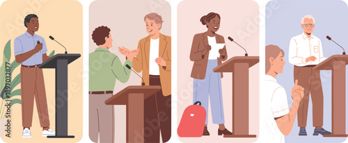 Diverse speakers presenting at podiums giving speeches vector illustration of professional presenters addressing audience at conference seminar public speaking event for business education and motivat