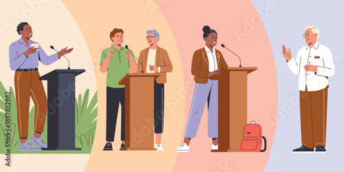 Diverse speakers presenting at podiums for public speaking events presentations training conference lecture at business seminar with microphone for education political campaign speech communication co
