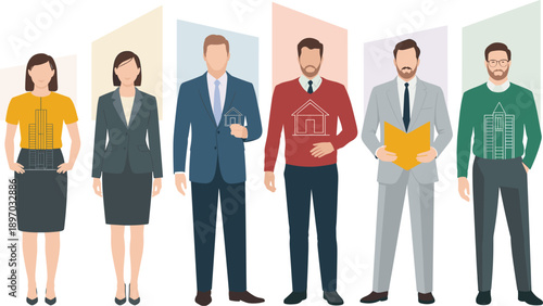 Diverse team of real estate professionals standing together concept vector illustration of confident architects and agents showcasing property designs for investment opportunities in modern housing ma