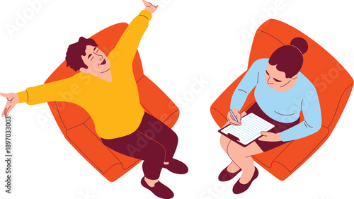 Happy man in therapy session expressing joy with psychologist taking notes professional mental health care treatment illustration for counseling and wellness in modern corporate healthcare and medical