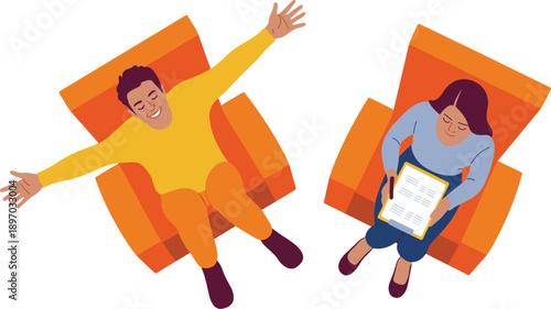 Relaxed diverse young people sitting in modern orange armchairs happy man stretching arms woman holding clipboard in contemporary office space casual meeting teamwork collaboration concept for busines