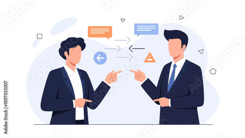 Business Meeting: Two Colleagues Discussing Ideas with Speech Bubbles