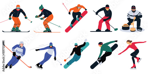 Diverse winter sports athletes skiing snowboarding curling ice skating and hockey players in action vector illustration set for recreational activities sporting event advertisement and winter holiday