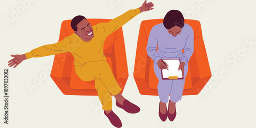 Happy african american man in therapy session with female therapist listening and taking notes mental health support and guidance overcoming challenges emotional well being in counseling for personal