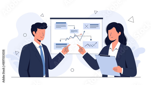 Business meeting: two professionals presenting a financial chart on a whiteboard