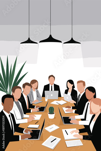 Diverse business team meeting around conference table with laptops and paperwork discussing strategy in modern office boardroom professional corporate collaboration teamwork illustration for presentat