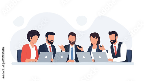 Business Meeting with Diverse Team Collaborating Around Table with Laptops