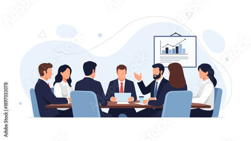 Business meeting with diverse team discussing charts on whiteboard