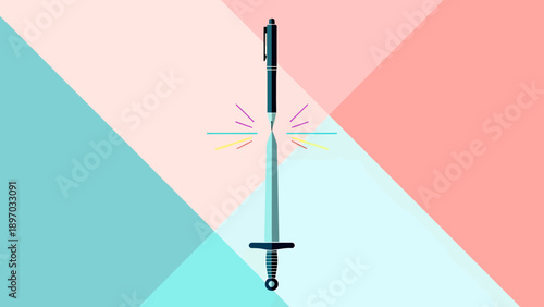 Illustration of a pen transforming into a sword, symbolizing writing's power.