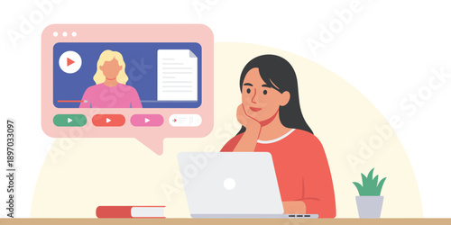 Young woman watching online video course on laptop computer studying from home modern e-learning education concept female student participating in virtual conference meeting for business training and