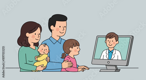 A modern family consults with a friendly doctor via a computer screen, embracing convenient online telemedicine for their healthcare needs.