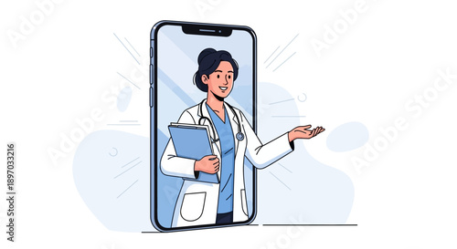 A female doctor provides professional online medical consultation and expert advice directly through a smartphone screen, representing modern digital healthcare solutions.