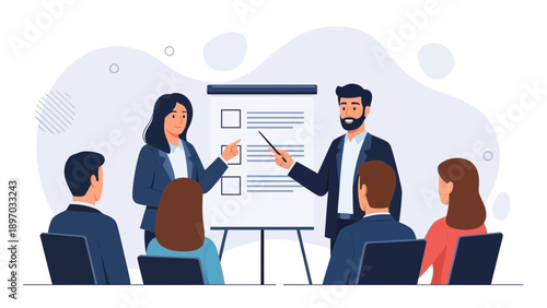 Business meeting with presentation, colleagues learning new skills