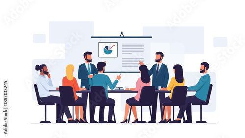 Business meeting with presentation, diverse team discussing strategy and data