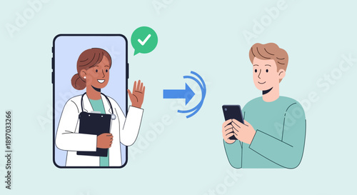 A friendly female doctor provides remote medical consultation to a male patient via a smartphone application, highlighting efficient digital healthcare delivery.