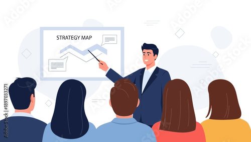 Business meeting with strategy map presentation and audience engagement