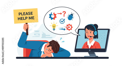 An overwhelmed and frustrated man seeks urgent online customer support, expressing his desperate need for assistance with complex technical problems and solutions.