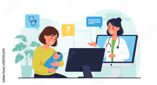 A mother and her newborn baby receive professional medical advice through a convenient and modern online telehealth consultation with a friendly female doctor.