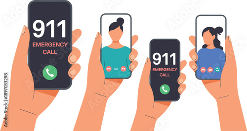 Emergency 911 call on smartphone with woman on video call vector illustration emergency service assistance urgent help concept for healthcare medical aid awareness campaign public safety communication