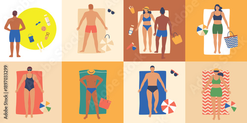 Diverse beachgoers relaxing sunbathing on towels summer vacation scene trendy lifestyle backdrop tanned bodies swimsuit beach accessories umbrella carefree holiday tourism recreation background for tr