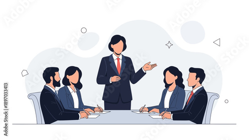 Business meeting, woman leading team discussion, corporate strategy, teamwork, presentation