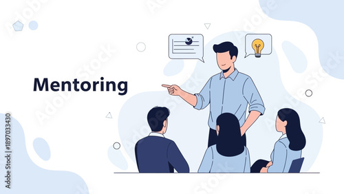 Business Mentoring Session: Coach guiding team with ideas and strategy