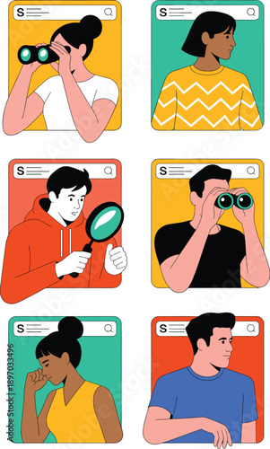 Diverse people searching online with magnifying glass and binoculars in colorful squares concept illustration for market research competitive analysis talent acquisition recruitment and internet brows