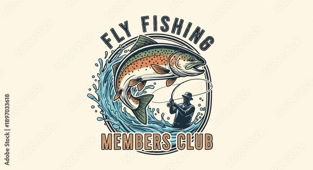 Obraz premium Vintage Fly Fishing Members Club Logo with Leaping Fish and Angler in Water Splash, Outdoor Sport Emblem in Bright Studio