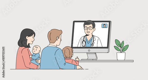 A modern family with young children engages in a convenient online video consultation with a friendly doctor, accessing remote healthcare services from home.