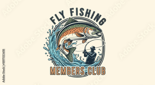 Vintage Fly Fishing Members Club Logo with Leaping Fish and Angler in Water Splash, Outdoor Sport Emblem in Bright Studio