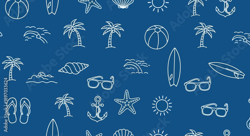 Doodle Style Seamless Pattern of Beach and Summer Elements on Blue Background with Palm Trees, Surfboards, and Sea Shells