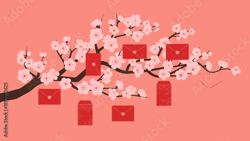 Chinese New Year: Red envelopes hanging on a blossoming branch against a peach background.