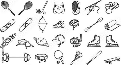 Sports Equipment Vector Icons Set. Black and white hand-drawn line art illustrations of various athletic gear for fitness and recreation activities.