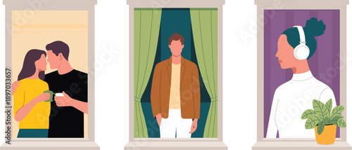 Apartment building windows with diverse people illustration showcasing urban lifestyle in residential building with happy couple kissing apartment living single man looking out window woman listening