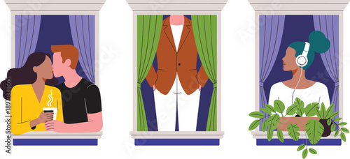 Apartment windows view with kissing couple faceless suit and woman listening to music with headphones social distancing concept for lifestyle urban living neighborhood community and modern relationshi