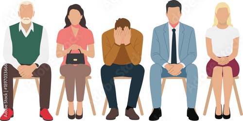 Diverse group of people sitting in a row waiting room concept illustration vector for business presentation website design and social media project showing depression stress job loss and anxiety in mo